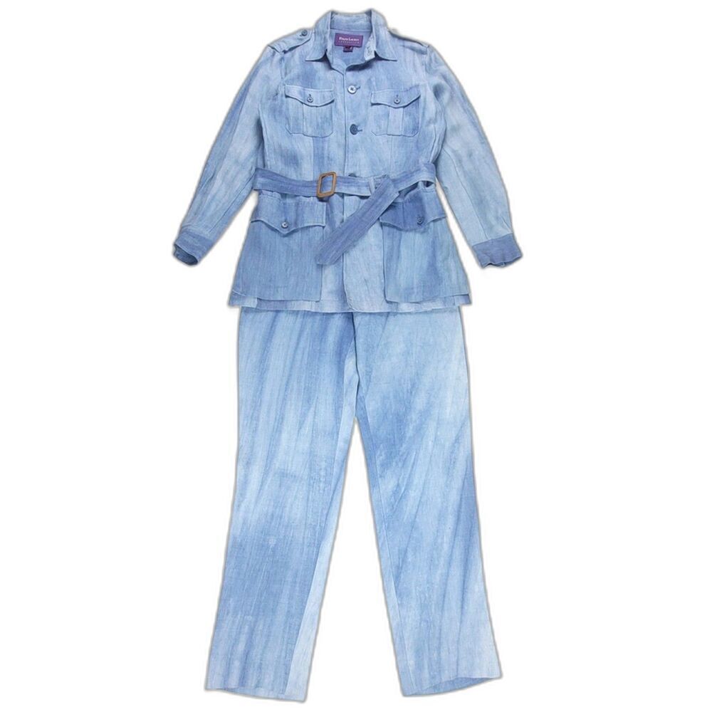 RALPH LAUREN Collection 100% Linen Belted Cargo Military Jacket Pants Set 8 Blue